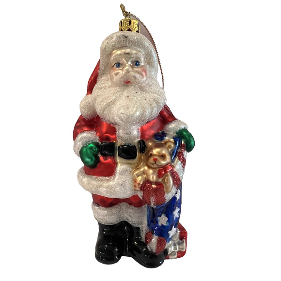 Vtg SANTA & AMERICAN FLAG STOCKING Hand Crafted Glass Ornament Red White Blue - Picture 1 of 4